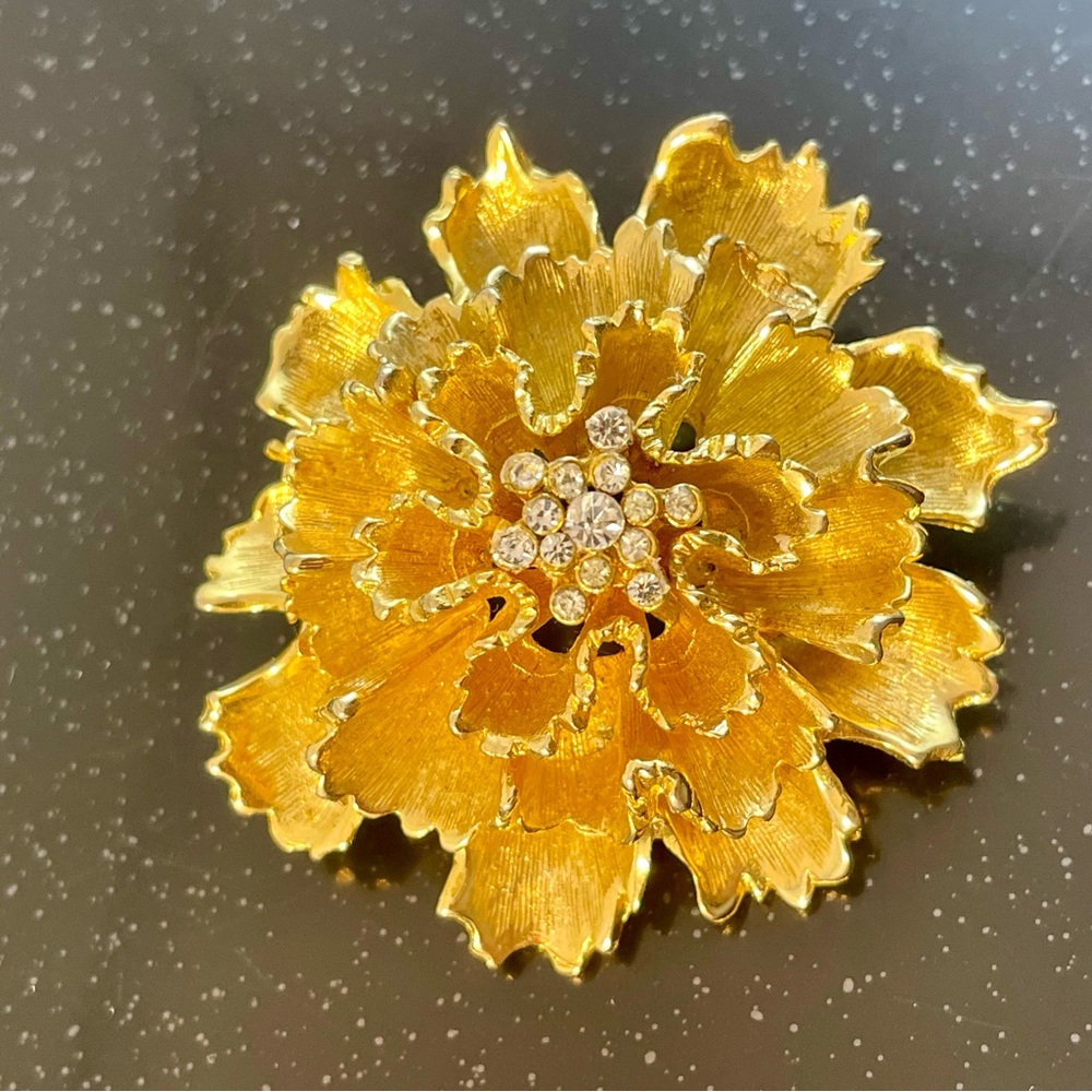Gold Floral Brooch with Crystals